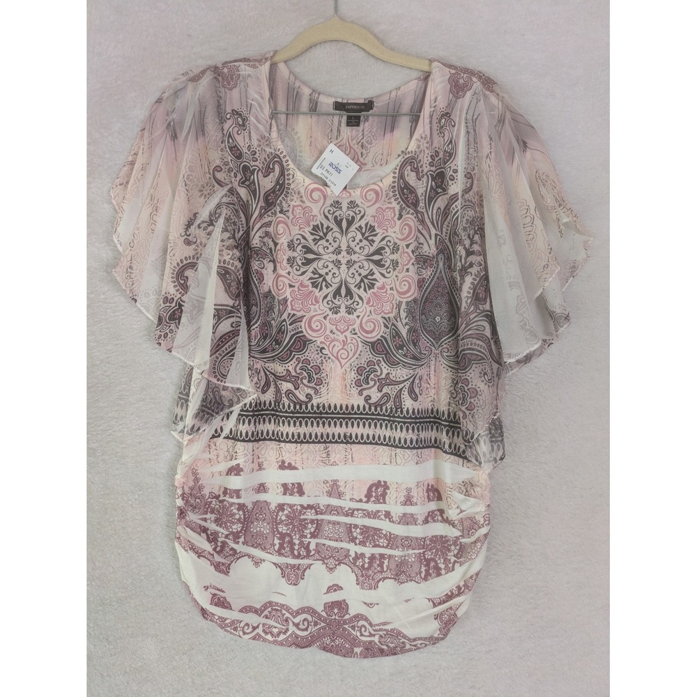 NEW Espresso Blouse Women's L Pink Paisley Flutter Sleeve Ruched Side